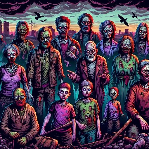 A vibrant illustration of various fictional zombie characters in a post-apocalyptic setting, showcasing their unique personalities and appearances, with a dark and moody atmosphere.