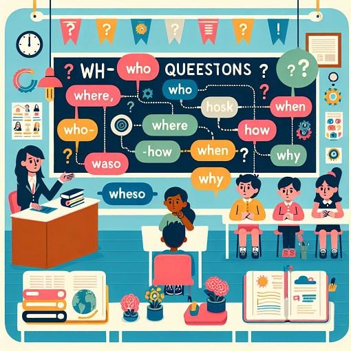 A colorful infographic depicting the different WH-questions like who, what, where, when, how, and why with examples in a classroom setting.