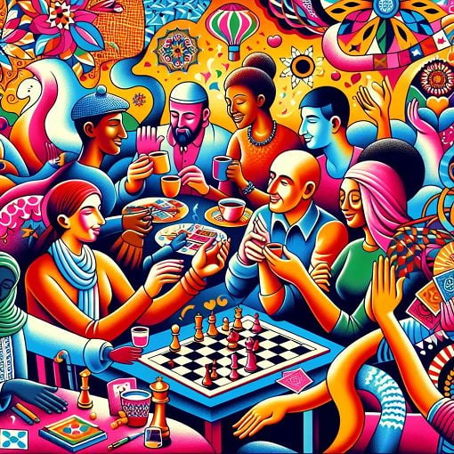 A colorful, playful illustration of diverse groups of people engaging in conversation and games, with elements representing friendship, fun activities, and a whimsical backdrop.