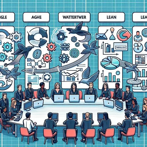 A visually engaging graphic showcasing various software development methodologies like Agile, Waterfall, and Lean in a collaborative work environment with team members interacting and brainstorming.