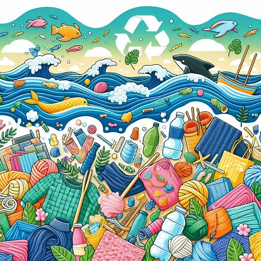 A vibrant illustration showing various textiles and plastic items in an ocean, highlighting pollution, sustainable practices, and Earth Day themes.