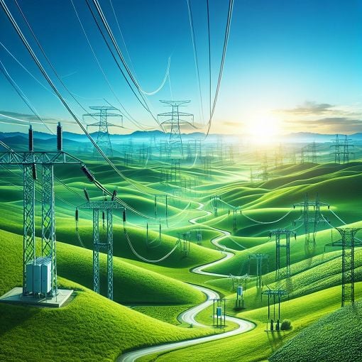 A high voltage direct current (HVDC) power transmission line between two substations, with a clear blue sky and green landscape, showcasing technology and nature coexisting harmoniously.