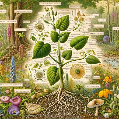 A detailed illustration of plant anatomy, including roots, stems, leaves, and flowers labeled, with a vibrant background of nature.