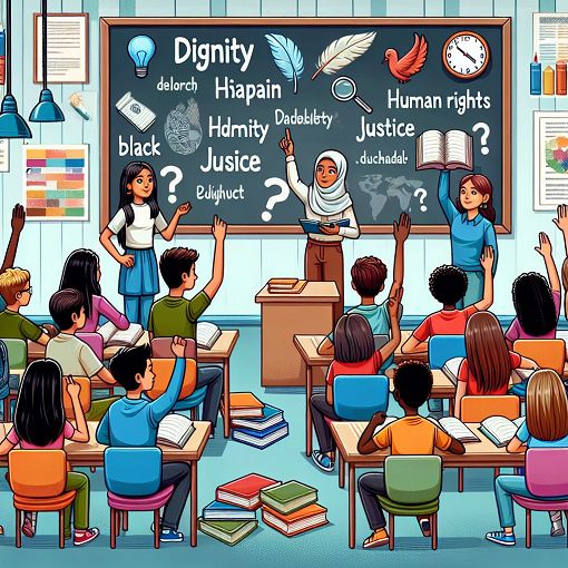 Create an engaging and colorful illustration showing a classroom setting where students are actively participating in a vocabulary quiz related to dignity, human rights, and justice. Include a diverse group of students and educational materials to represent learning and inclusion.