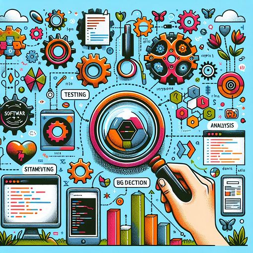 A detailed illustration showing software testing concepts, such as testing frameworks, bug detection, and analysis, depicted visually with a vibrant and engaging design.