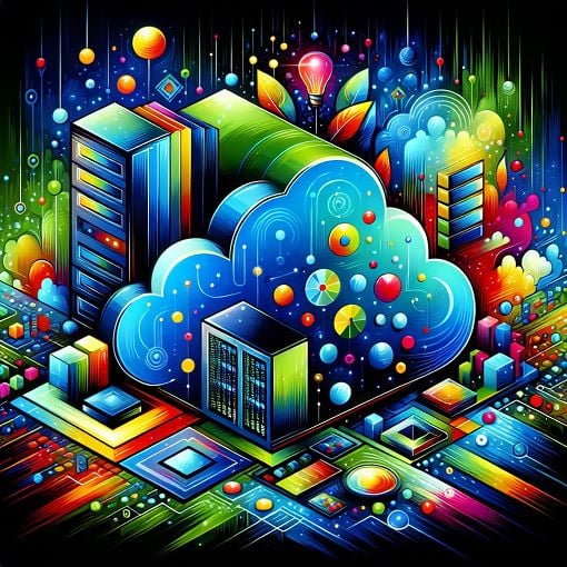 A vibrant illustration depicting cloud computing concepts such as data storage, cloud servers, and modern technology, featuring colorful icons and abstract cloud shapes.