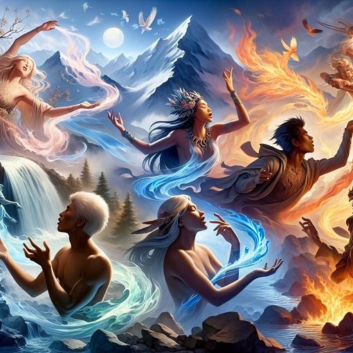 A colorful and mystical landscape depicting elements like water, earth, fire, and air, intertwined with ethereal spirit figures communicating with nature.