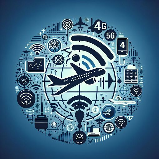 Create an informative and visually appealing image depicting various mobile connectivity symbols, a globe, and an airplane, symbolizing Vodafone's roaming and inflight services.