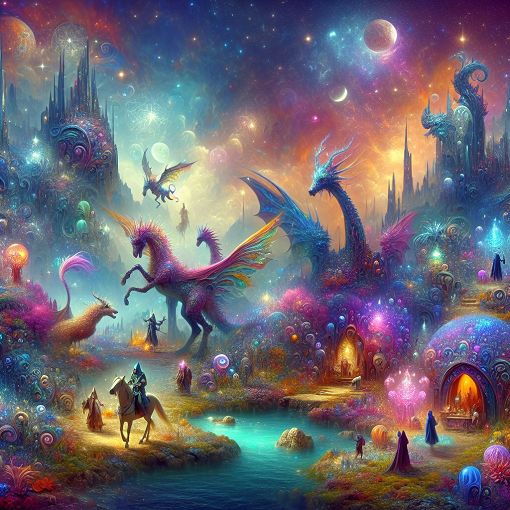 A fantasy-themed landscape with characters resembling those in 'What the Grey Wind Knows', featuring diverse creatures and mystical elements, vibrant colors and a whimsical atmosphere