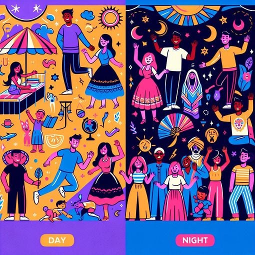 A colorful, whimsical illustration depicting various personalities, showcasing day and night themes, with playful elements representing different responses to the quiz questions.