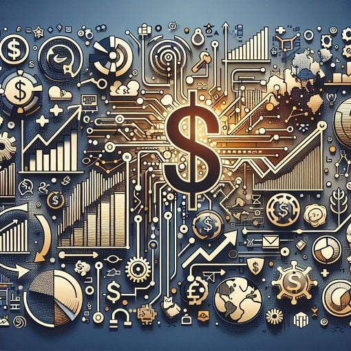 A visually engaging image representing various aspects of commerce, including marketing, economics, and business strategy, with symbols like dollar signs, charts, and growth icons.