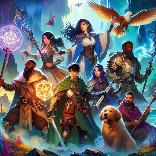 A vibrant and mystical illustration of various Dungeons & Dragons classes, including a wizard, rogue, fighter, cleric, and druid, in a colorful fantasy landscape, with elements of magic and nature integrated.