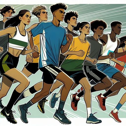 A vibrant illustration of diverse high school cross country runners in a playful, energetic setting, showcasing different hair colors, outfits, and activities, capturing the spirit of determination and camaraderie in running.