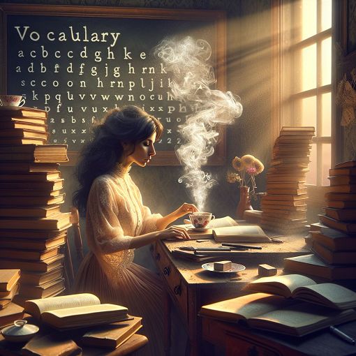 A whimsical illustration of a person studying vocabulary words with books and a chalkboard in a cozy study room