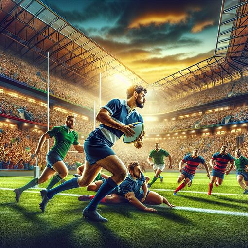 Generate an image of a rugby match in an action shot, featuring vibrant team jerseys, a lively crowd, and a scenic stadium background.