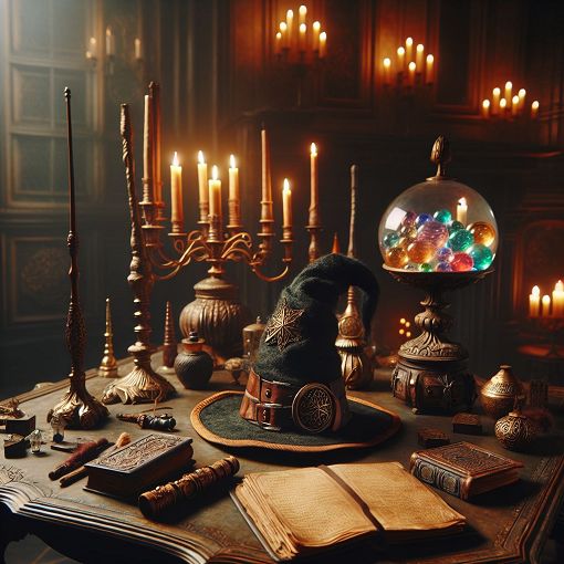 A mystical and enchanting scene with a Sorting Hat on a table, surrounded by magical items like spellbooks, wands, and potions, set in a dimly lit castle room filled with soft glowing lights and shadows.