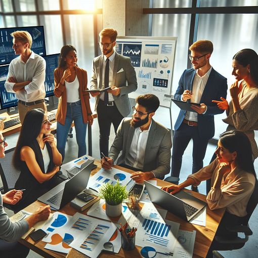 A vibrant and engaging image depicting a group of team members collaborating in an office setting, with elements like charts, documents, and digital tools that represent teamwork and knowledge sharing.