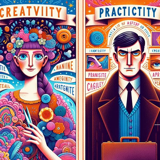 A whimsical illustration of two character archetypes, one representing creativity and imagination (Anne) and the other symbolizing practicality and realism (Hadley), set against a vibrant background.