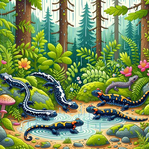 A whimsical illustration of various salamander species in a vibrant, natural setting, incorporating elements like rain and lush greenery to reflect personality traits associated with them.