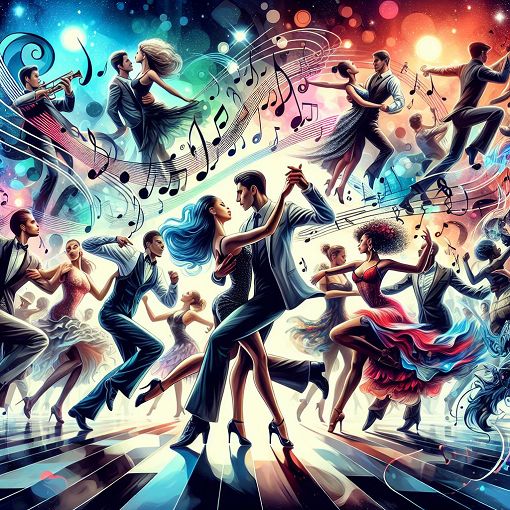 A vibrant dance scene with dancers performing various styles, including waltz, cha cha, and tango, with musical notes and colorful lights in the background.