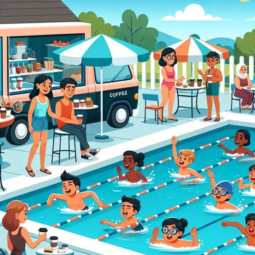 Create an engaging and colorful illustration of a swimming pool scene with children swimming, coaches directing, and a coffee van nearby, showcasing an active swim center atmosphere.