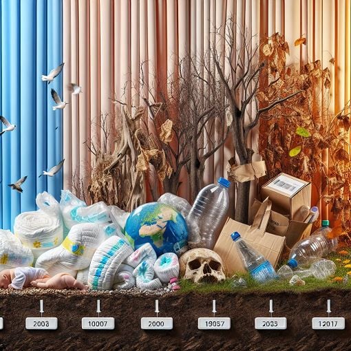 An informative illustration showing various everyday items like diapers, plastic bottles, and cardboard boxes decomposing in a natural environment, contrasting their decomposition rates over time.