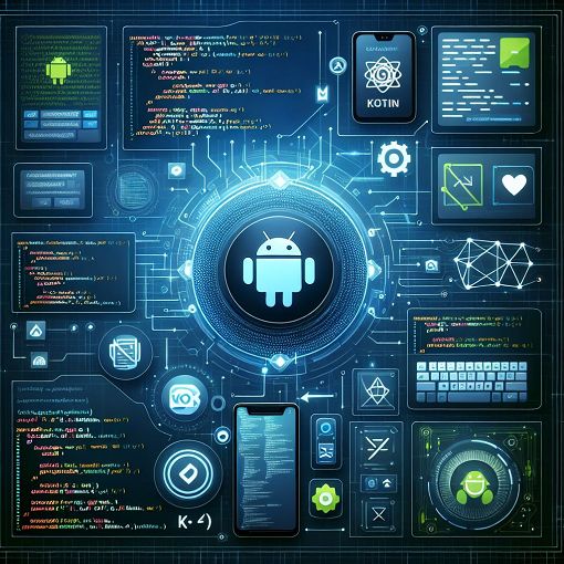 A vibrant and modern graphic representing Android development, showcasing code snippets, the Kotlin logo, and UI elements like buttons and text fields against a tech-inspired background.