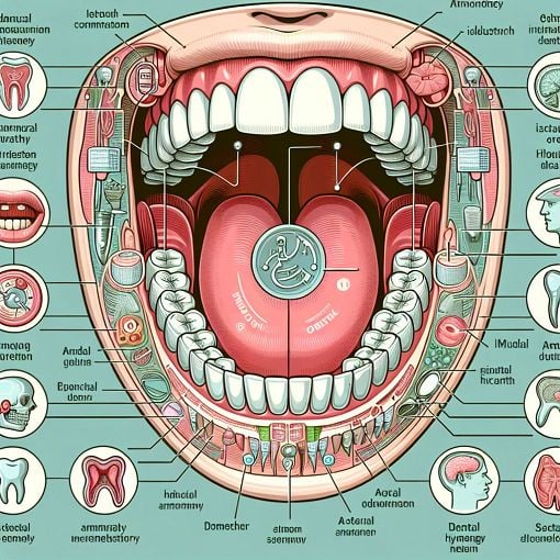 A detailed and informative illustration of human mouth anatomy highlighting different areas of concern for oral care, with health-related icons and symbols representing dental hygiene practices and tips.