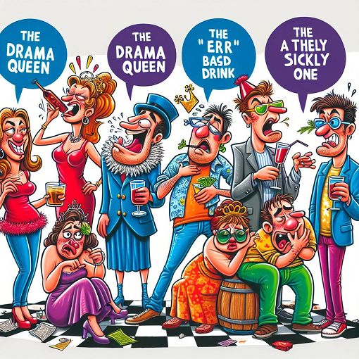 A colorful and fun illustration showcasing a group of friends at a party, each representing different humorous categories like 'Drama Queen', 'Mala Copa', and 'Enfermito', with cartoonish style