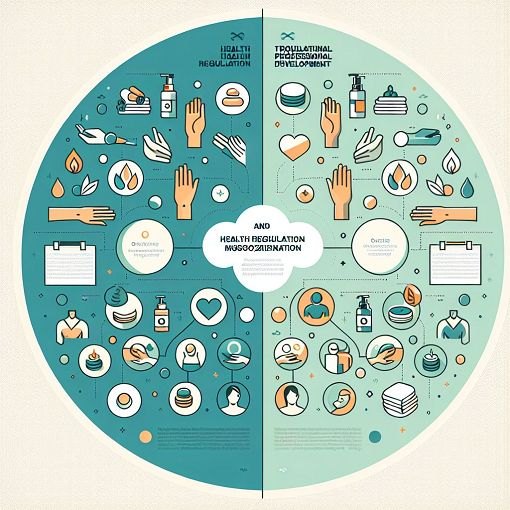 An educational graphic comparing RMTABC and CMTBC organizations in massage therapy, featuring icons of health, regulation, and professional development, with a soothing color palette and a massage therapy theme.