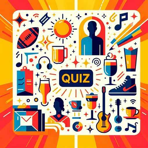 A fun and colorful illustration of a quiz with vibrant icons representing different interests and hobbies, such as sports, drinks, music, and superheroes.