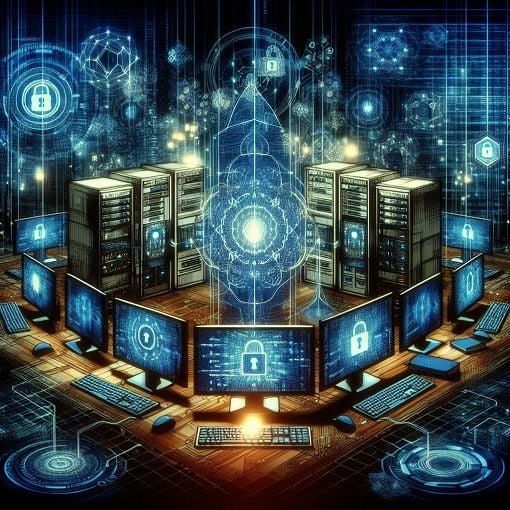 A visually engaging illustration representing a hacker environment with computers, codes, and cybersecurity elements in a modern digital style.