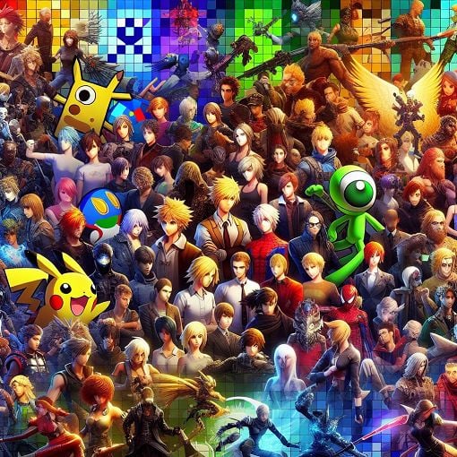 A vibrant collage of various video game logos and famous characters, with a focus on popular genres such as action, adventure, and simulation, capturing the essence of gaming culture.