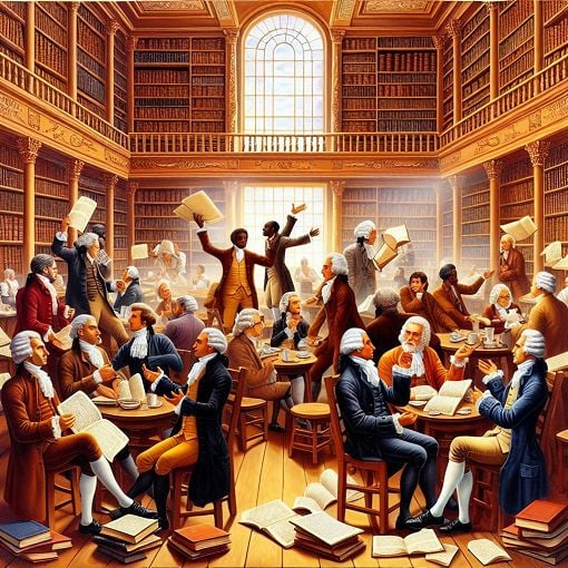 A historical representation of Enlightenment thinkers discussing ideas in a vibrant café setting, with books, papers, and an inspiring atmosphere.