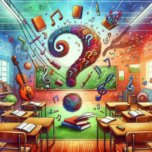 A colorful and whimsical illustration featuring question marks, musical notes, and playful elements representing creativity and fun, set in a classroom environment.