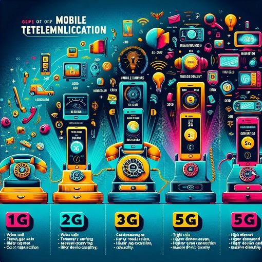 Create a colorful and modern infographic that illustrates the evolution of mobile technology from 1G to 5G, highlighting key features and uses of each generation.