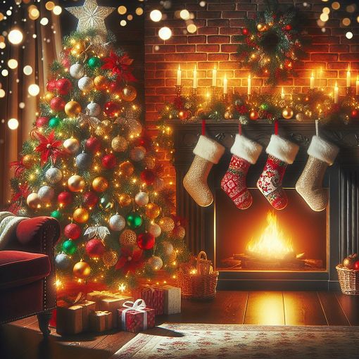 A cozy Christmas scene featuring a decorated Christmas tree, colorful ornaments, and a warm fireplace with stockings hung, capturing the spirit of Christmas and holiday cheer.