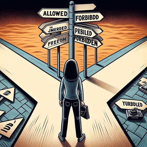 A thought-provoking and engaging illustration depicting the theme of media freedom versus censorship, showing a journalist at a crossroads with paths labeled 'Allowed' and 'Forbidden'.