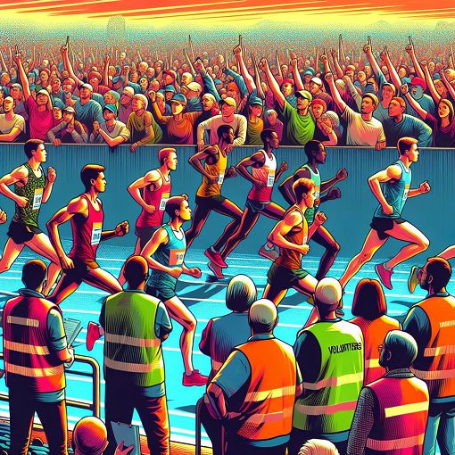 A colorful and dynamic illustration of a sports event with runners, enthusiastic spectators, and volunteers wearing vests, capturing the excitement of a 24-hour relay race.