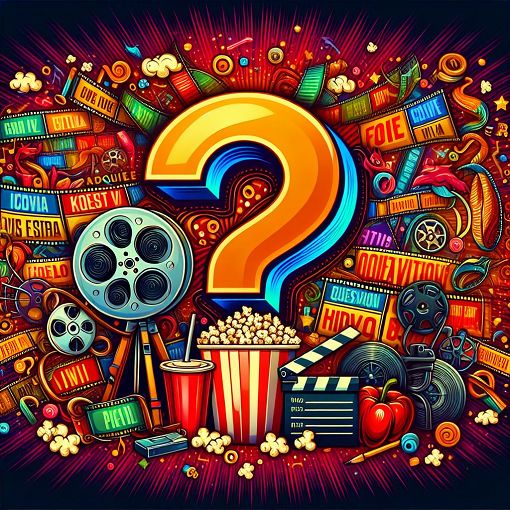 Create an engaging movie trivia quiz image featuring iconic movie elements like film reels, popcorn, and a colorful background with film titles. Include a question mark to represent quiz questions.