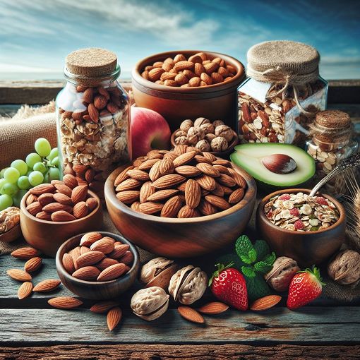 A colorful and appetizing display of various types of nuts and muesli products, showcasing their freshness and health benefits, with a clear blue sky background and a wooden table setting.