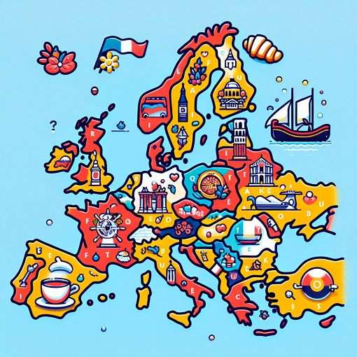 A vibrant map of Europe highlighting various countries with landmarks and cultural icons, suitable for a quiz theme.