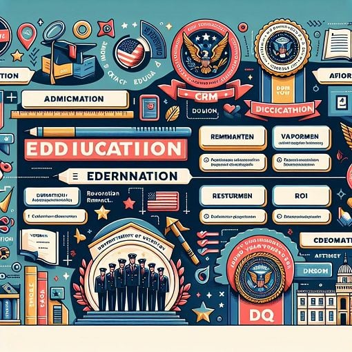 A detailed infographic illustrating various acronyms and terms related to Veterans Affairs, such as CRM, ROI, and DBQ, with engaging colors and educational themes.