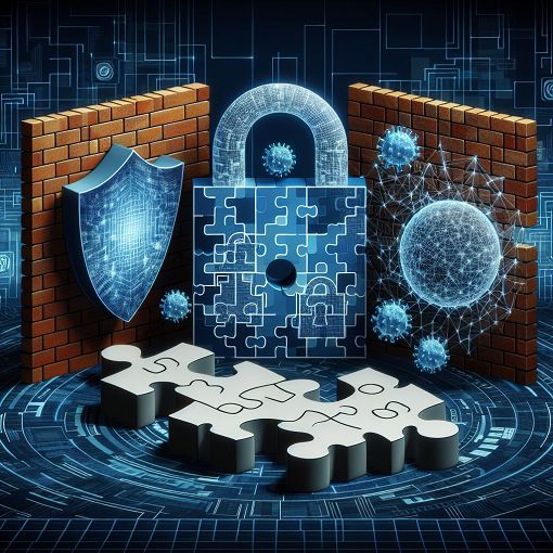 A visually engaging illustration depicting cybersecurity concepts, including firewalls, encryption, and secure networks, with a modern and professional style.