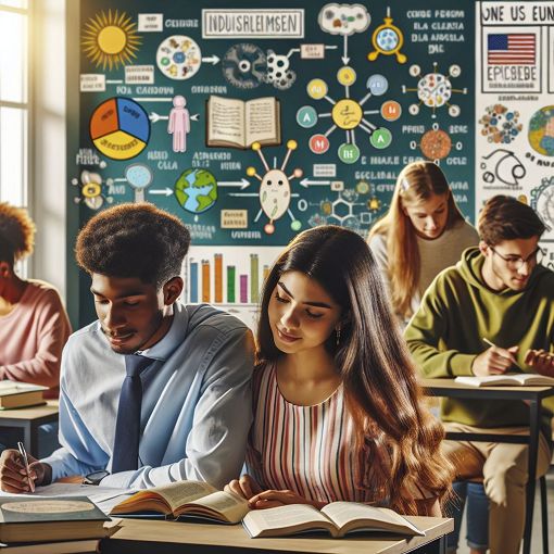 A vibrant classroom scene with educational charts and acronyms displayed, featuring diverse students engaged in learning activities.