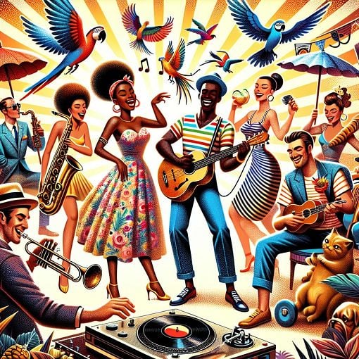 A colorful and vibrant illustration of a diverse group of friends having fun together, featuring music elements, animals, and funky fashion styles.