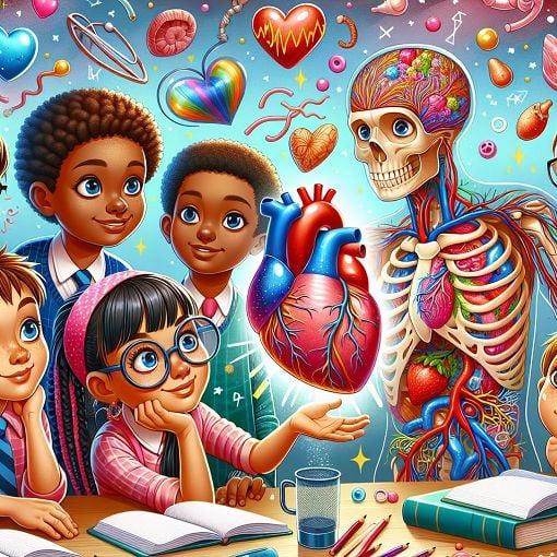 Create a colorful and playful illustration of children learning about the human body and science, featuring elements like a heart, skeleton, and various blood vessels.