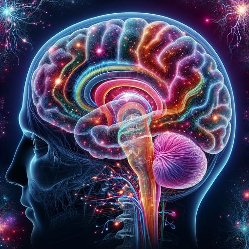 A detailed illustration of the human brain showing different lobes and their fun<wbr>ctions, labeled, with a beautiful background of neural connections and synapses.