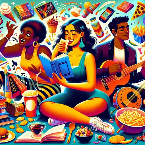 A colorful, whimsical illustration featuring diverse characters representing different personalities, surrounded by quirky objects like books, snacks, and musical instruments.