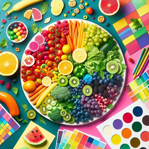 Create an image of a colorful food platter showcasing various foods like fruits, vegetables, and snacks each representing a different color, designed to evoke a fun and engaging atmosphere.